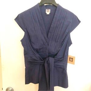 Anne Klein navy pleated tie blouse